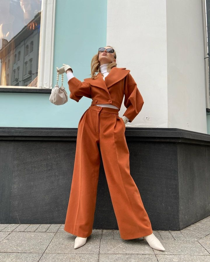 Woolen Coat Two Piece Suit with wide leg pants