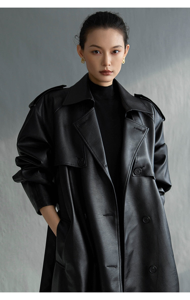 Ainsley's belted leather coat wearing a girl  neck side image