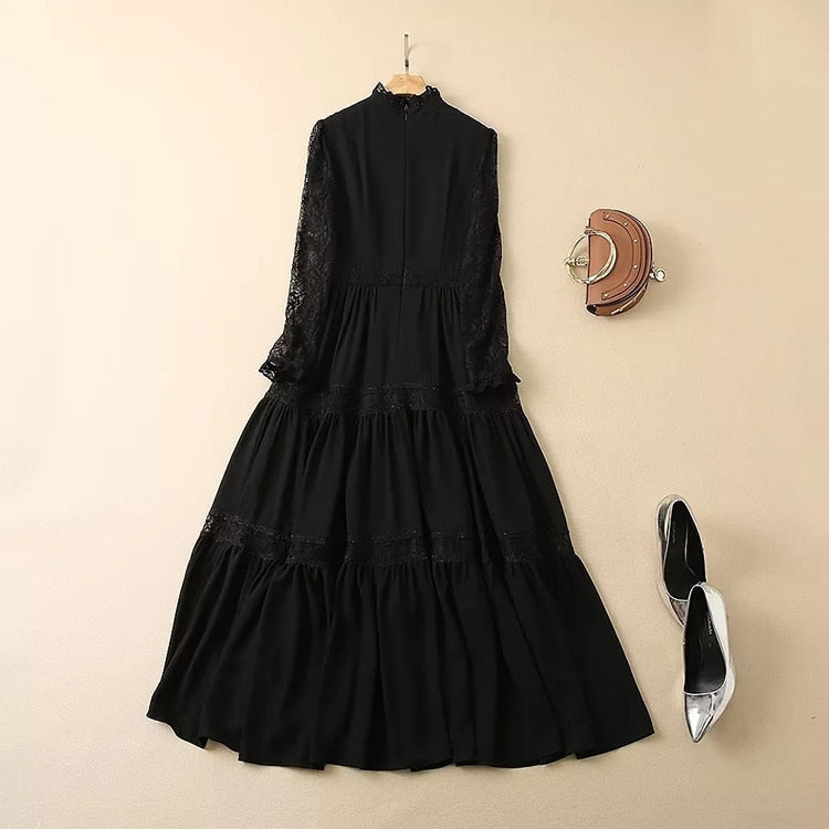 Akari Lace Trim Black full length Dress and sandel and purse